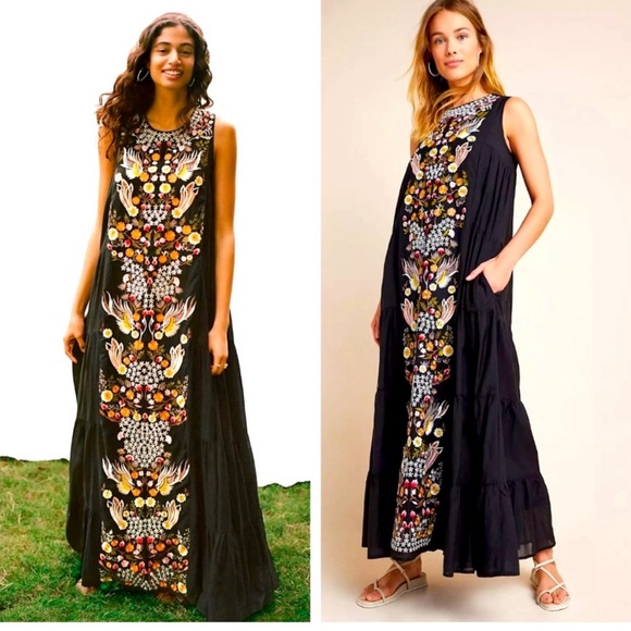 Anthropologie Samant Chauhan Jacaranda Dress 4P Black Embroidered Maxi - Picture 1 of 8